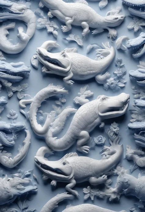 Blue and white porcelain,Ceramic material,alligators,Three-dimensional ornaments,artwork of a,High detail,3D,Chiaroscuro, Cinematic lighting, god light, Cinematic lighting, hyper HD, High details, Best quality, A high resolution, Textured skin