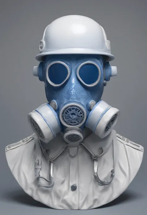 Blue and white porcelain,Ceramic material,World War II American GI,Ornaments,Gas masks，bust，Three-dimensional sculpture,artwork of a,High detail,3D,Chiaroscuro, Cinematic lighting, god light, Cinematic lighting, hyper HD, High details, Best quality, A high...