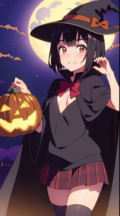 shinkai makoto, kimi no na wa., 1girl, bangs, black hair, blush, bow, brown eyes, looking at the viewer, short hair, smile, solo, happy, Halloween, Pumpkin costume (small tits), Upper body, moon lighting, Perfect hand, Tokyo at night, Halloween Decorations...