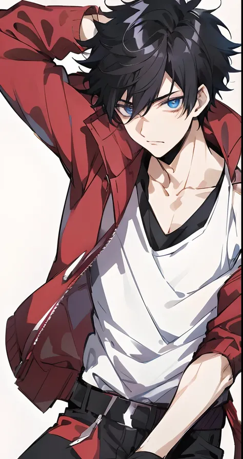 Anime boy with black hair and red jacket holding knife, tall anime man with blue eyes, Handsome Anime Pose, Anime Boy, Male anime style, young anime man, anime handsome guy, Kentaro Miura Manga Art Style, hight resolution, zerochan art, male anime characte...