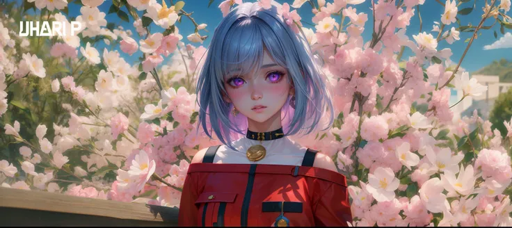 realistic, 1girl, white hair, purple eyes, glowing eyes, crop top, skirt, parted lips, blush, night, flowers, sun, sunlight,