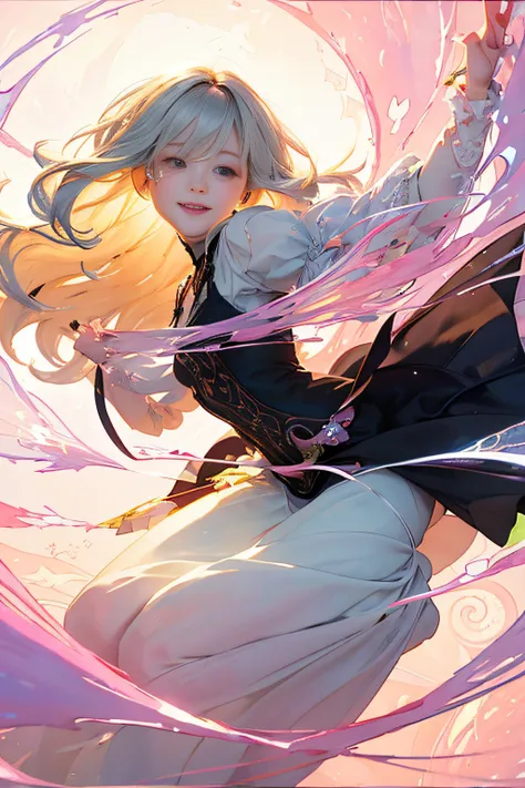 （write）、All 5 colors（reddish、Viola、pink there、amarelo、verdant）、spirals,fantasy creature, Intricate details, Illustration, Painting, watercolor paiting,Loose fluffy、long curled silver hair、Black Dress、Dutch Angle,Good anatomy,Dynamic Pose, actionpose, open ...