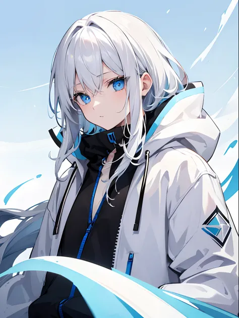 White haired male sky blue eyes black color hoodie