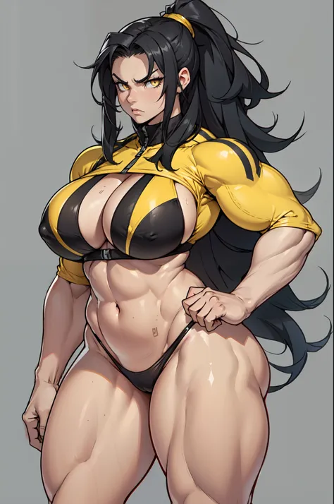 grey background micro bikini 1girl black hair yellow eyes very long hair pale skin angry (bodybuilder huge breasts muscular toned body curvy wide hips thick thighs)