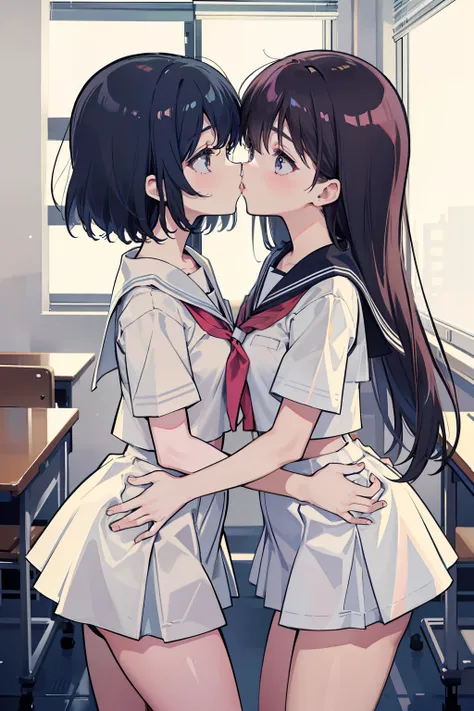 twogirls，Same stature，sailor uniformm，in class room，Hold each others waist，The two bodies are close together，Kiss