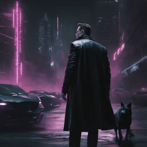 elon musk with shiba walk in cyberpunk 2077 city, long black coat, an profile perspective