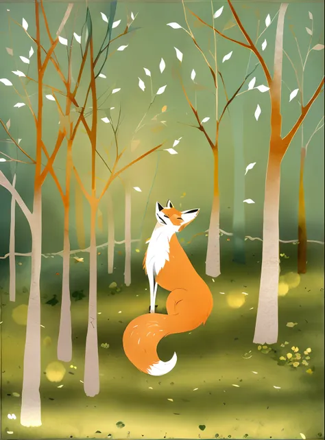 Painting of a fox in a forest with trees and birds, raposa caprichosa, ethereal fox, Rabo de Raposa, Jane Newland, floresta extravagante, entre raposas e veados, Raposas, Directed by: Fiona Stephenson, anthropomorphic fox, Directed by: Anna Haifisch, A lin...