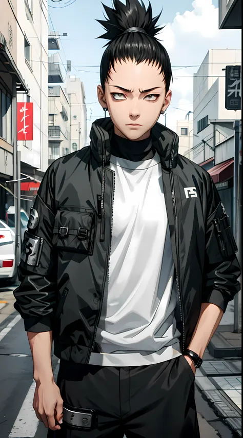 masterpiece, 1boy, superb style, cyberpunk style, streetwear clothes, outdoor, upper body, shikamaru nara, bright eyes, black ha...