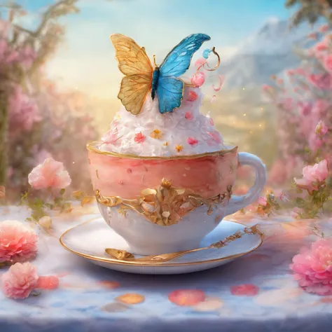 (Close-up of cake in a teacup), (Flowers, morango, melons, Butterflies),close up photograph,illustration,Masterpiece,surrealism,Onyx vessels,Cotton utensils, --upbeta，{{Masterpiece}}, {{{Best quality}}},{{Ultra-detailed}}, {{illustration}},{{Disheveled hai...