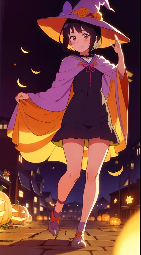 shinkai makoto, kimi no na wa., 1girl, bangs, black hair, blush, brown eyes, looking at the viewer, short hair, smile, solo, happy, absurdres, highres, ultra detailed, Halloween witch, ((lovely smile)), wizard robes, wizard hat, Jack olantern, night, moon ...