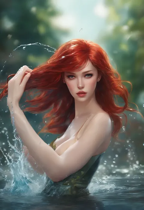 Masterpiece, Best quality, (Dynamic pose:0.5), absurderes, 1girll,  fightingpose, Punch water, (Water attacks:1.5) Wet clothes, Wet hair, wet face, glitters_Hair:0.5> Red hair,tit