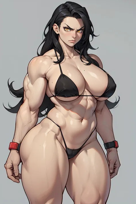 grey background micro bikini 1girl black hair yellow eyes very long hair pale skin angry bodybuilder huge breasts muscular toned body curvy wide hips thick thighs