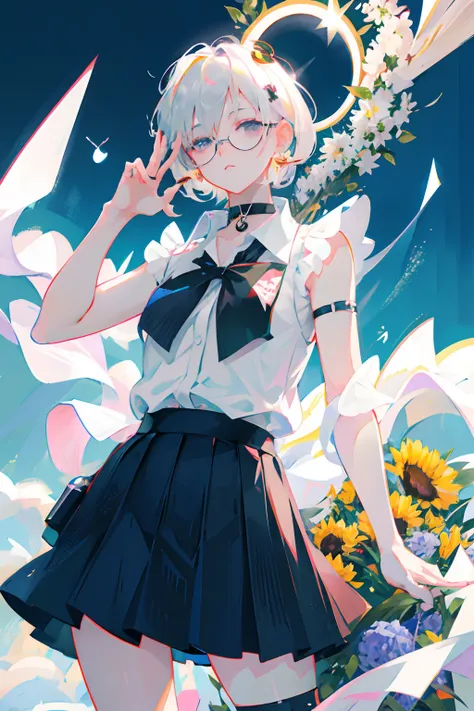 best quality, ultra high res, (photorealistic:1.4), 1woman, sleeveless white button shirt, black skirt, black choker, ((glasses)), (Kpop idol), (aegyo sal:1), (platinum blonde grey hair:1), ((eyes)), looking at viewer, full body, flowers