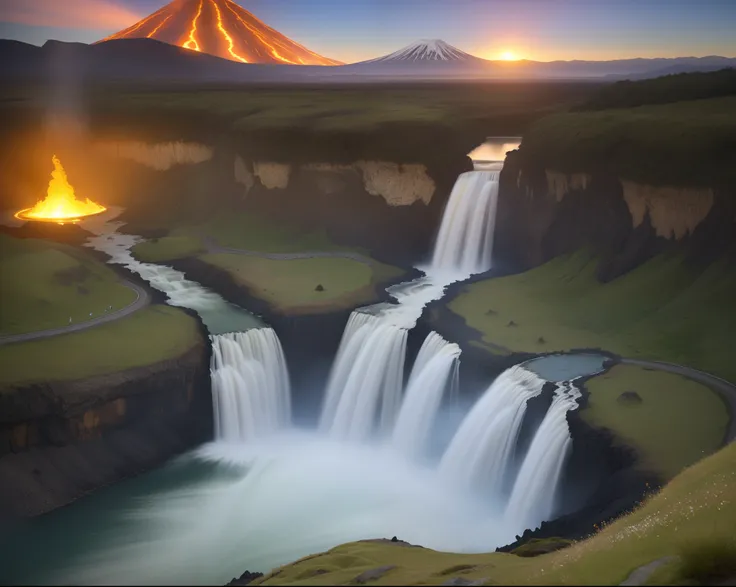 volcanoes，fire glow，molten lava，erupting，dense smoke，lakes、hole in the mountains、waterfallr，The tree、grassy fields、Rochas、hot onsen、hydrosphere、（illustratio：1.0）、Epic composition、Realistic lighting、high definition detail、tmasterpiece、Best quality，（非常详细的 CG...