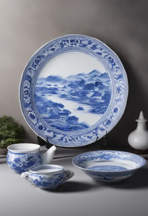 Blue and white porcelain,Qingming upper river map,Ceramic material,Porcelain plate painting,artwork of a,High detail,3D,Chiaroscuro, Cinematic lighting, god light, Cinematic lighting, hyper HD, High details, Best quality, A high resolution, Textured skin