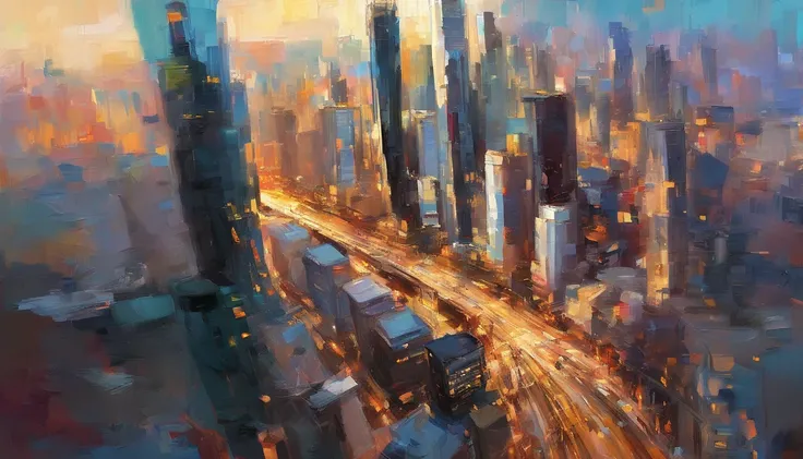 Daytime from the city, Buildings，Parks surround the city ，Birds eye view of the city building skyline, Traffic is moving，Masterpiece oil painting, Drawing by Mark Lague.