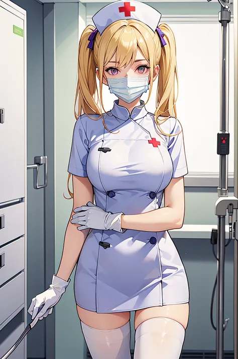 1girl, solo, nurse, nurse cap, white wear, ((white legwear, zettai ryouiki)), white gloves, twintails, yellow hair, purple eyes,...