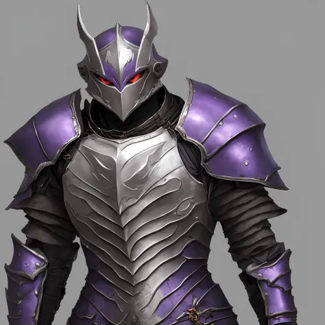 Uma alma presa a uma arnadura grande, 2.30m de altura, long arms, sem rosto, only the armor with a gap, em seu peito um buraco e uma pedra roxa brilhante, a dark gray armor that has the color purple at the joints