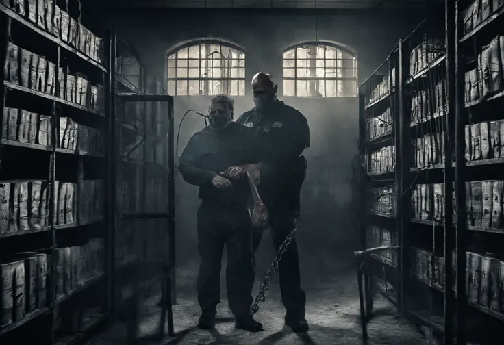 inmate fixing a lamp inside the prison with the prison guard behind him