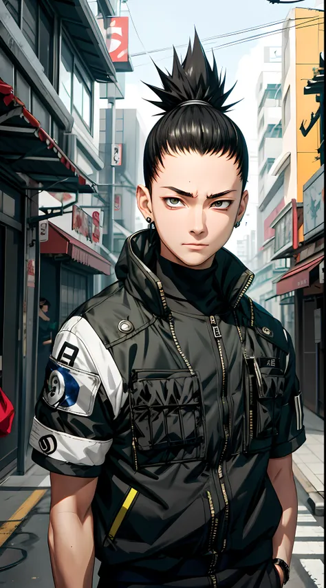 masterpiece, 1boy, superb style, cyberpunk style, streetwear clothes, outdoor, upper body, shikamaru nara, bright eyes, black ha...