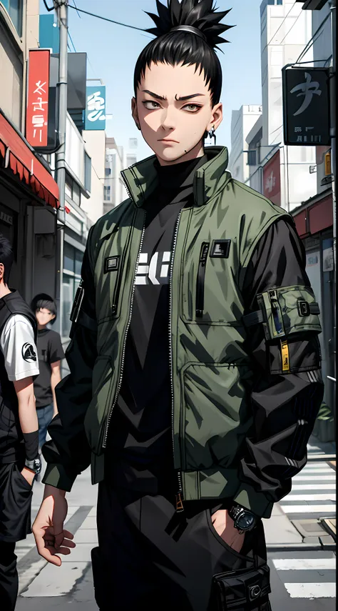 masterpiece, 1boy, superb style, cyberpunk style, urban streetwear clothes, outdoor, upper body, shikamaru nara, bright eyes, bl...