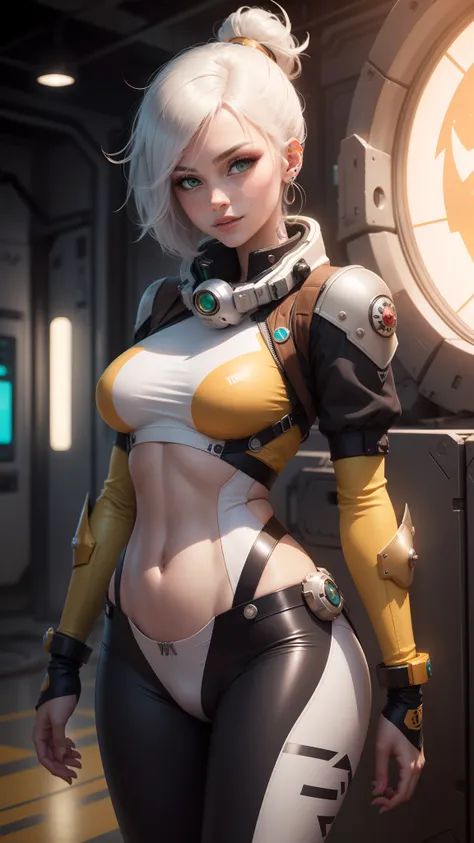 gwen tennyson,jinx,yoko littner,yshtola rhul,tracer,atelier ryza,overwatch,close up,mecha pilot,space port,tattoos,orange and silver plugsuit,white short sleeve lycra top,steel cargo pants,uncovered belly,short hair,cute makeup,green eyes,dimensional golde...