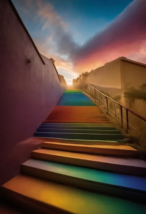 Close-up of the stairs leading to the rainbow sky, stairway to heaven, A very colorful heaven, stairs from hell to heaven, Leading to the Sky, Rainbow clouds, Colors of Heaven, Rainbow Trail, Colorful sky, Rainbow clouds, Heaven!!!!!!!!, rainbow, Rainbow c...