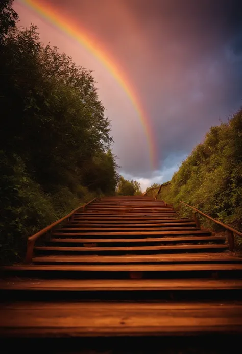 Close-up of the stairs leading to the rainbow sky, stairway to heaven, A very colorful heaven, stairs from hell to heaven, Leading to the Sky, Rainbow clouds, Colors of Heaven, Rainbow Trail, Colorful sky, Rainbow clouds, Heaven!!!!!!!!, rainbow, Rainbow c...