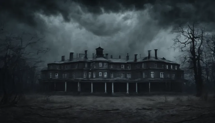 Realistic 8k image of an ominous sanatorium under a storm, fotografia de filmes de terror