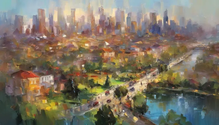 Daytime from the city, Surrounded by parks ，Birds eye view of the city skyline in the distance, Traffic is moving，People walking on grass，Masterpiece oil painting, Drawing by Mark Lague.