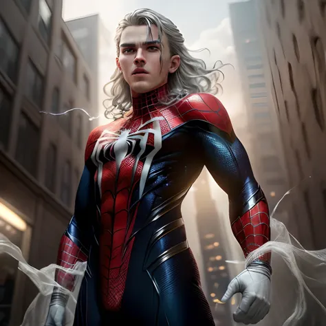 (Extreme Detail CG Unity 8K Wallpapers，tmasterpiece，Highest image quality)，(Delicate light and shadow，The picture is highly dramatic，Cinematic lens effect)，A girl in a white Spider-Man costume，Silver-gray hair color，From the Spider-Man parallel universe，We...