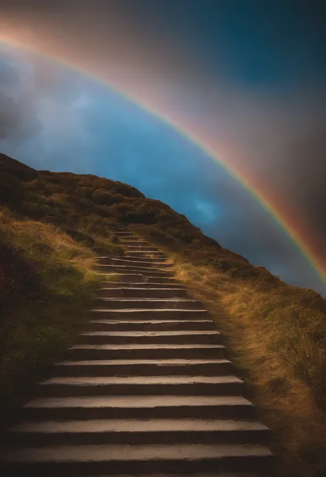 Close-up of the stairs leading to the rainbow sky, stairway to heaven, A very colorful heaven, stairs from hell to heaven, Leading to the Sky, Rainbow clouds, Colors of Heaven, Rainbow Trail, Colorful sky, Rainbow clouds, Heaven!!!!!!!!, rainbow, Rainbow c...