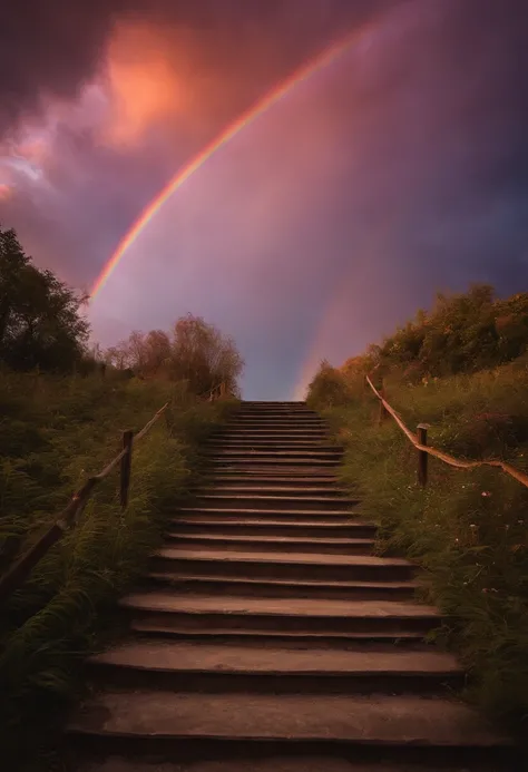 Close-up of the stairs leading to the rainbow sky, stairway to heaven, A very colorful heaven, stairs from hell to heaven, Leading to the Sky, Rainbow clouds, Colors of Heaven, Rainbow Trail, Colorful sky, Rainbow clouds, Heaven!!!!!!!!, rainbow, Rainbow c...