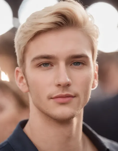 Photo of a gorgeous handsome Australian male, yeux bleus, Very short windy light blonde hair, retourner les cheveux, zoomed in close-up in a tightly cropped portrait, Descendre un (Fashion Show at a Fashion Show Model Scene People:1.2) porter un (Casual De...