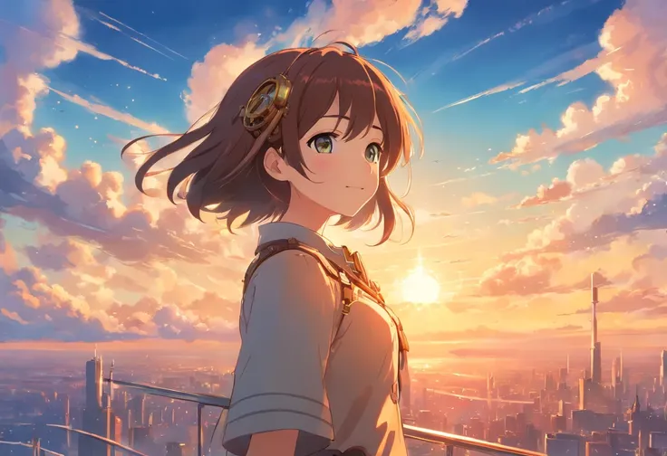 masterpiece, best quality, movie frame, steampunk, 1 girl, cloud girl, floating in the sky, close-up, bright, happy, warm soft lighting, sunset, (sparks: 0.7)