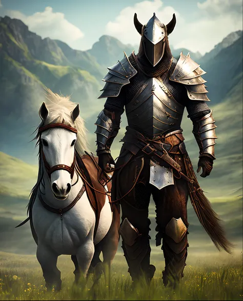 Man in Armor、Standing next to a horse、Horned horses、Grassland background、realisitic、Fantasia