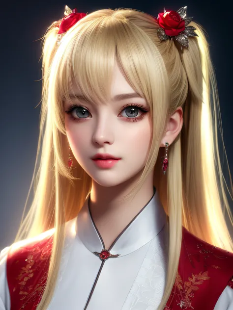 twintail hairstyle,animesque、anime styled、ssmile、portraitures、Beautifully moisturized amber eyes like clear glass、Beautiful blonde hair without hair ornaments, extremely detailed eye and face, Beautiful detailed eyes,  huge filesize, ultra-detailliert, hig...