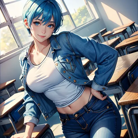 1girl, blue hair, blue eyes, pixie cut, large breasts, jean jacket, white t-shirt, smiling, classroom