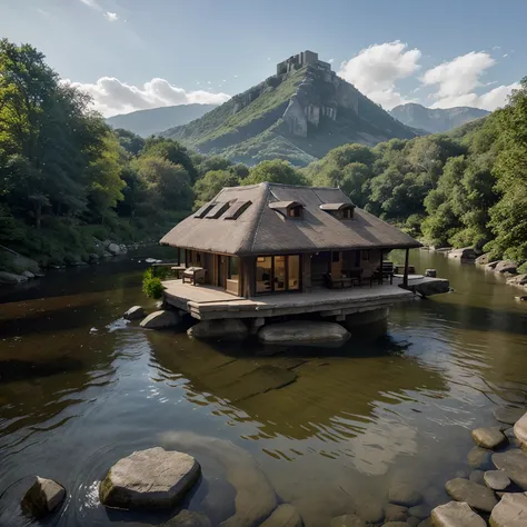 A house built on a giant rock in the middle of a river. The house is made of wood and stone, and has a sloping roof and a chimney. The house is surrounded by trees and mountains, and can only be accessed by a wooden bridge. The house is a perfect retreat f...