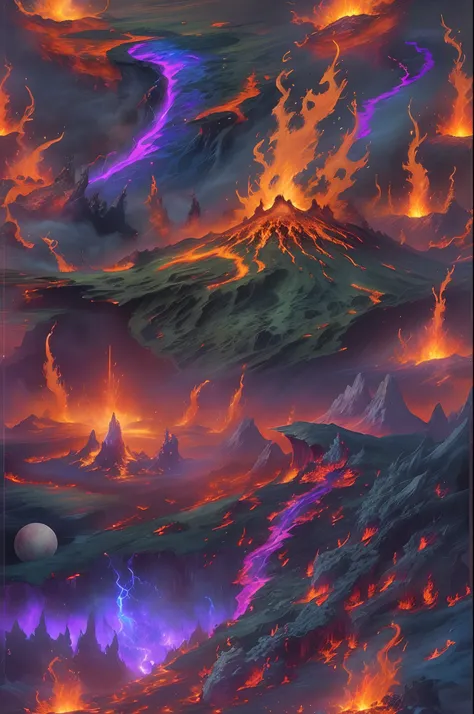 Doomsday landscape，a volcano erupts，Flame sputtering，blasts，molten lava，The phoenix emerged from the smoke，Liquid lava，Fire Palace，Colorful phoenix，Paired with purple and blue, fantasy highly detailed, With gorgeous magic lightning rings, magia, beautiful ...