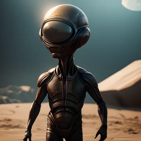 Create a super realistic image of an alien with a big head and a small body and 3 big black eyes.