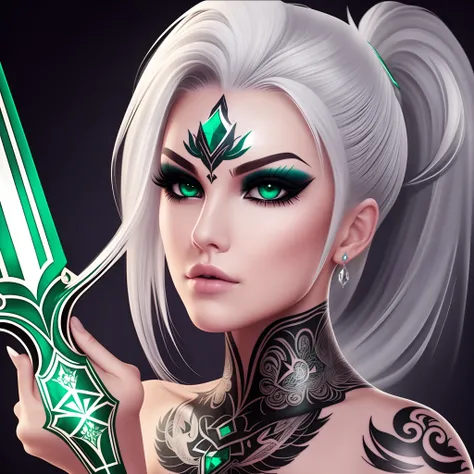 silver hair emerald  eye warrior high warlock female tattoo high cheekbone strong expression angelic quality --auto --s2