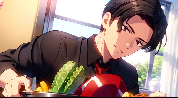 masterpiece, (1Man), (Mature Male), luci, red eyes, black hair, (wearing red Apron), (black shirt), (red necktie), kitchen background, window, close up, vegetables on table, cooking pan