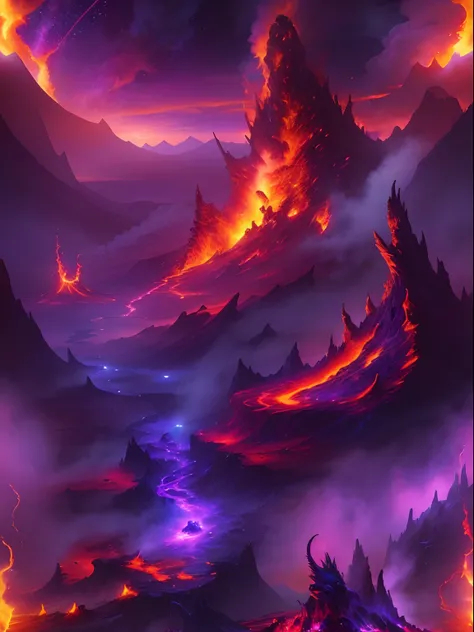 Doomsday landscape，a volcano erupts，Flame sputtering，blasts，molten lava，The phoenix emerged from the smoke，Liquid lava，Colorful phoenix，Paired with purple and blue, fantasy highly detailed, With gorgeous magic lightning rings, magia, beautiful detailed fan...