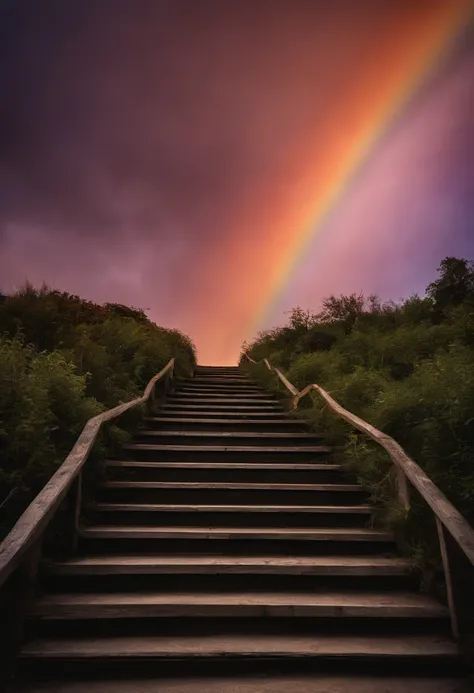 Close-up of the stairs leading to the rainbow sky, stairway to heaven, A very colorful heaven, stairs from hell to heaven, Leading to the Sky, Rainbow clouds, Colors of Heaven, Rainbow Trail, Colorful sky, Rainbow clouds, Heaven!!!!!!!!, rainbow, Rainbow c...