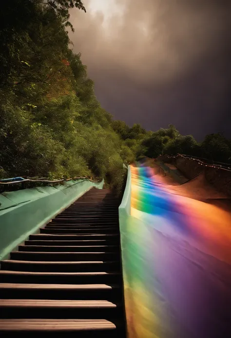 Close-up of the stairs leading to the rainbow sky, stairway to heaven, A very colorful heaven, stairs from hell to heaven, Leading to the Sky, Rainbow clouds, Colors of Heaven, Rainbow Trail, Colorful sky, Rainbow clouds, Heaven!!!!!!!!, rainbow, Rainbow c...