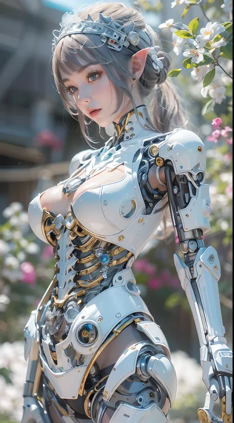 (high resolucion, 4k, Masterpiece:1.2),((Ultra-detailed:1.2)),(realisitic,Realistis:1.37),Girl robot married in Japan,mechanical limb,Mechanical trunk,Made of shiny white and silver translucent glass and plastic, Delicate lace dresses, Joyful expressions, ...