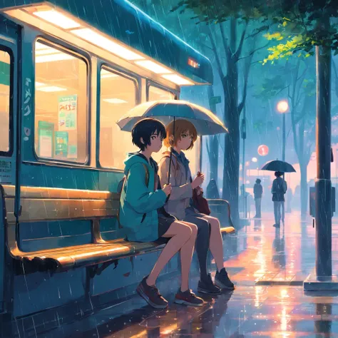 tmasterpiece，best qualtiy，Comics Luo，Two people hiding in the rain at a bus stop，Bench umbrella，after rainny，Light，cheerfulness，Warm and soft lighting，the woods,