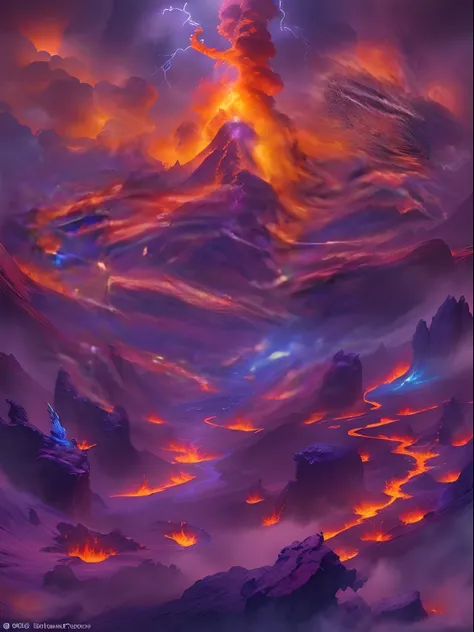 Doomsday landscape，a volcano erupts，Flame sputtering，blasts，molten lava，The phoenix emerged from the smoke，Liquid lava，Colorful phoenix，Paired with purple and blue, fantasy highly detailed, With gorgeous magic lightning rings, magia, beautiful detailed fan...