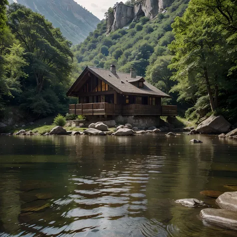 A house built on a giant rock in the middle of a river. The house is made of wood and stone, and has a sloping roof and a chimney. The house is surrounded by trees and mountains, and can only be accessed by a wooden bridge. The house is a perfect retreat f...